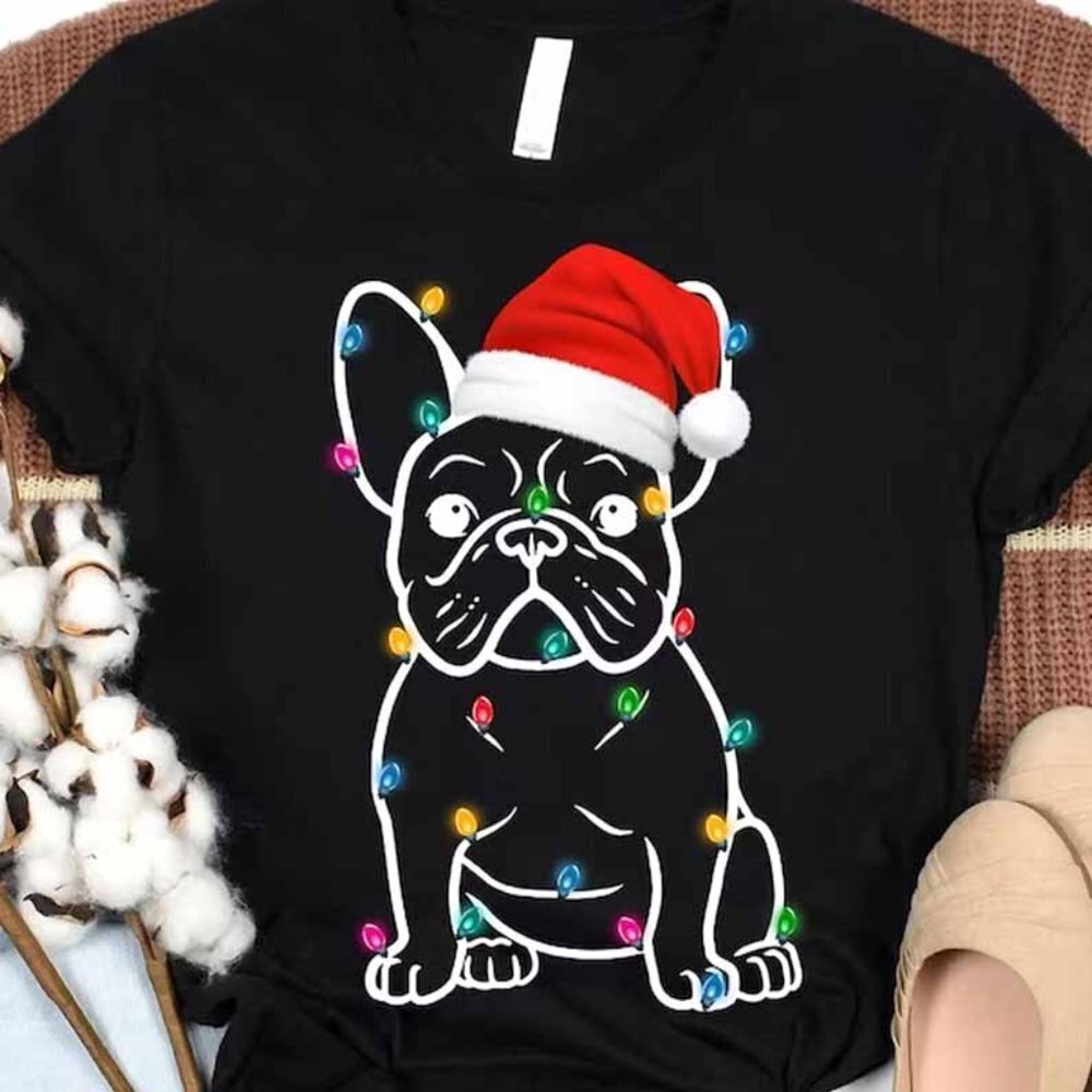 Christmas Dog T Shirts French Bulldog Xmas Light Dog Lover Gift